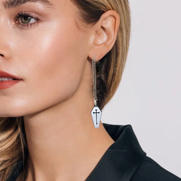 Handmade Feminine Gothic Coffin Threader Earrings - Picture 2 of 5